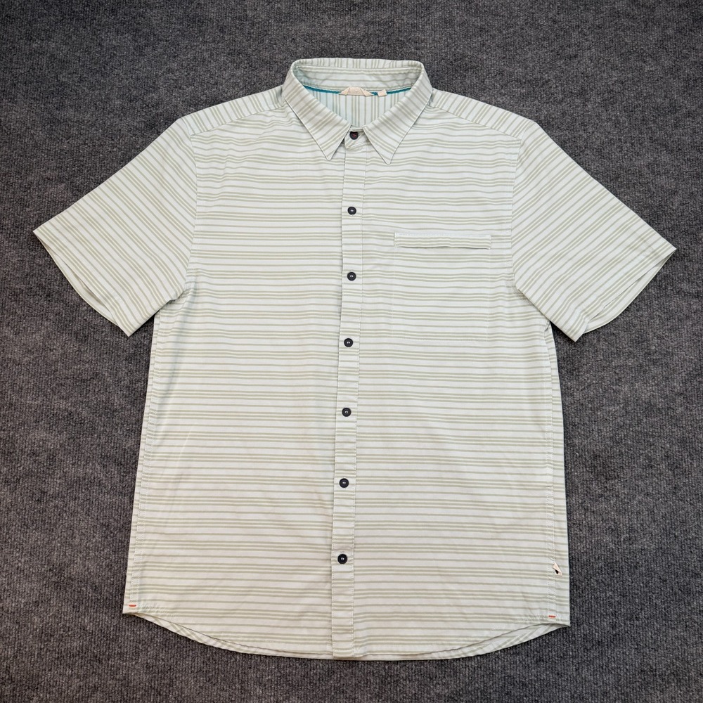 Cotopaxi Shirt Mens M Green Striped Button Up Short Sleeve Performance Llama